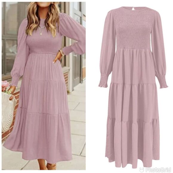 New Round Neck Long Sleeve Solid Color Maxi Dress Pleated Layered Swing - Picture 1 of 12